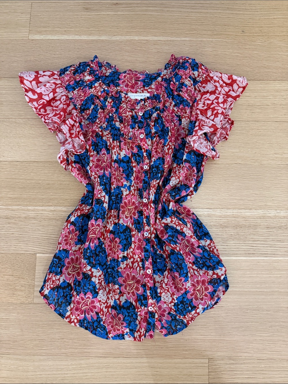 M.A.B.E. Floral Button-Front Ruffle Sleeve Blouse - Pink & Blue